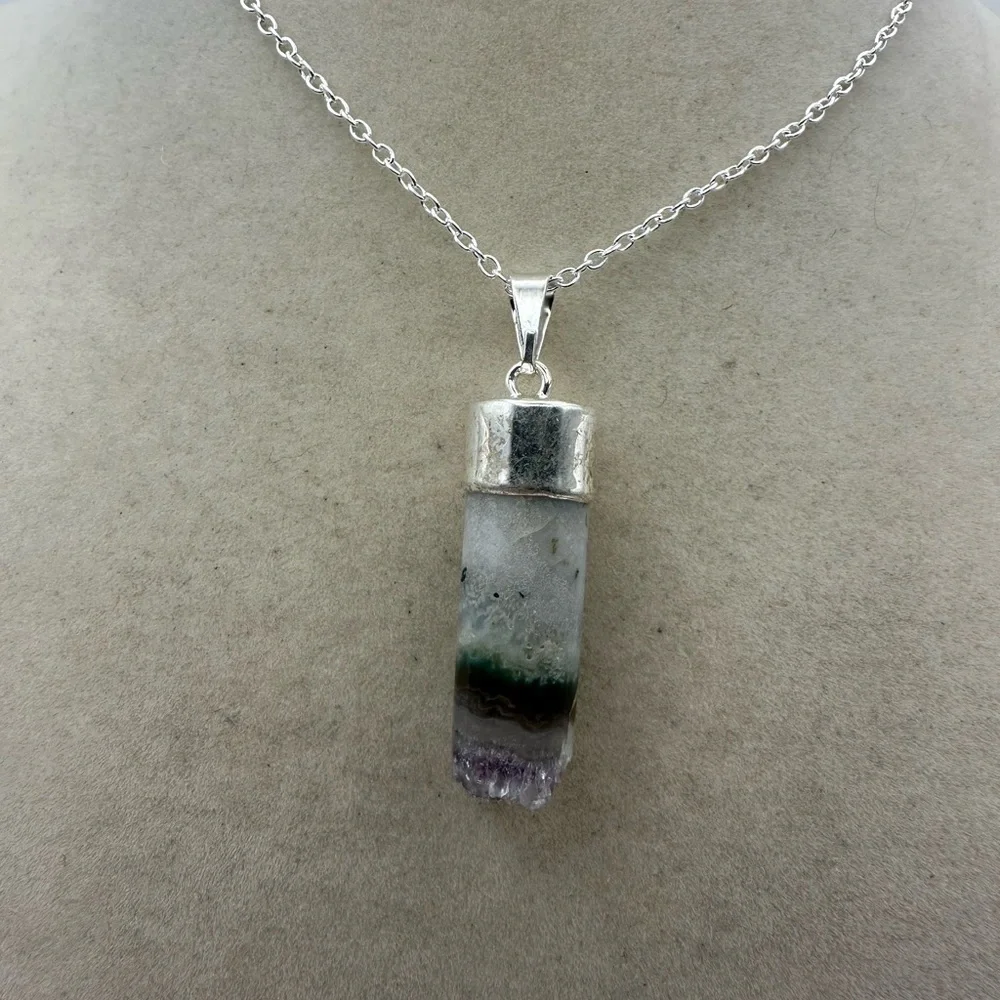 Amethyst and Agate Cylinder Pendant on Box Chain